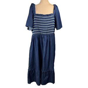 New Draper James Deana Smocked Dress Size 2X Cotton Blue White Flutter Sleeve